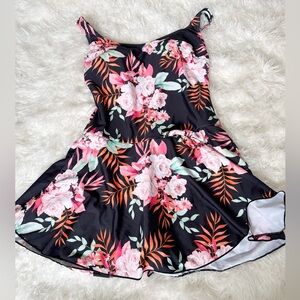 Eomenie Black Floral One-Piece Swim Dress with Skirt